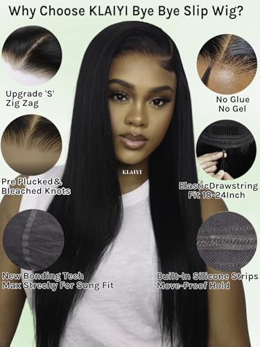 Image of KLAIYI Bye Bye Slip Yaki Straight 7X5 Pre Cut Lace Front Human Hair Wig Drawstring Glueless 30S Ready to Wear and Go Wig with Baby Hair Pre Plucked Bleached Knots Beginner Wigs for Black Women 22Inch