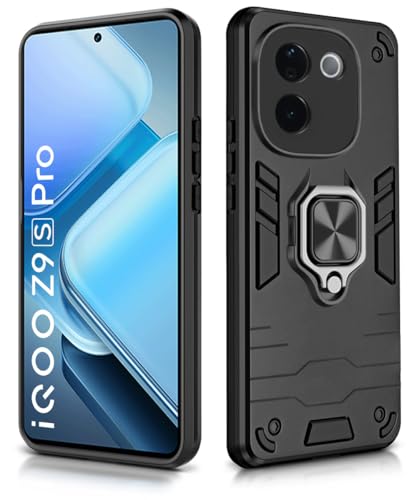 Image of WOW IMAGINE Shock Proof Back Case Mobile Cover for iQOO Z9s Pro 5G | Vivo T3 Pro 5G | Back Cover Case (Tough Armor | Hybrid PC + TPU | Ring Holder & in-Built Kickstand | Black)