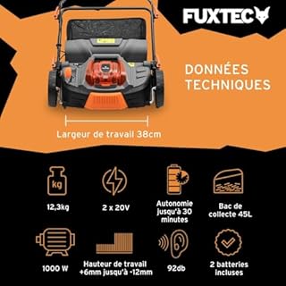 FUXTEC Aérateur à batterie 40 V FX-E2VE38SET - 2 en 1 Aérateur et Scarificateur, Largeur 38 cm, Panier 45 L, 2 piles incluses