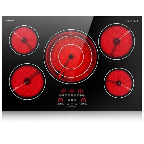 Karinear Electric Cooktop 30 Inch, Upgrade Sensor Touch 5 Burners Electric Stove Top, Built-in Ceramic Cooktop, Pause, Timer, Safety Lock, Triple Ring Expandable Burner,9000W, 220V
