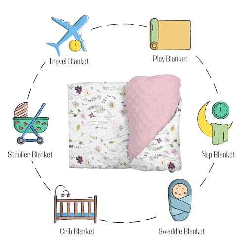 Image of Mink Baby Girls Blankets Pink Purple Floral, Watercolor Wildflower Soft Double Layer Dotted Backing Receiving Swaddle, Flower Newborn Infant Toddler Nursery Crib Bedding Shower Gift 30 x 40 In