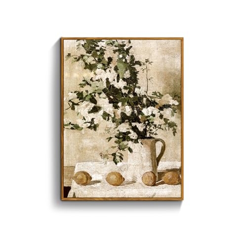 crmotu Vintage Framed Wall Art, Still Life Floral Kitchen Decorations Painting, Lemons and Flowers Canvas Botanical Prints, Retro Wall Pictures for Bedroom Bathroom Farmhouse Office Desktop 12x16in