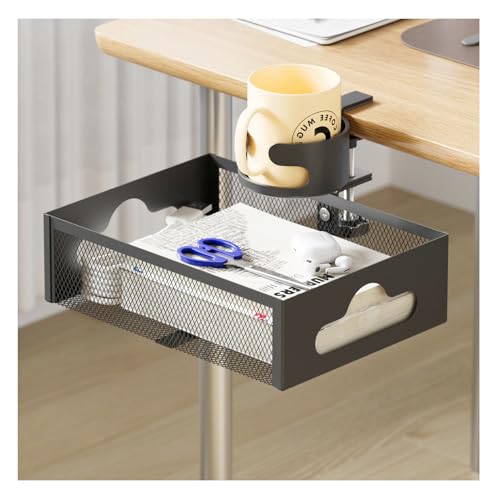 ELECTRO-WEIDEWORLD テーブル下収納ラック 360度回転式 ドリンクホルダー 穴あけ不要 クランプ式 デスク下引き出し 後付け引き出し 机下収納 小物整理 ケーブルトレー 取り付け簡単 天板0.5〜5cm設置可能 スペース節約 多機能 (ブラック)