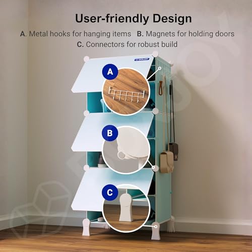 Image of BOXJOY 5 Shelf Plastic Shoe Rack with 5 Doors & 5 Hook Steel Holder (Blue) | Shoes Stand Organiser with Feet, Metal Frame Door & Wooden Hammer for Home Storage to Cover Chappal Slipper Sandals
