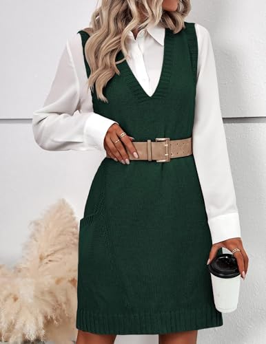 Image of HOTOUCH Women Sweater Vest Oversized V Neck Sleeveless Knit Pullover Ribbed Vest Dress with Pockets