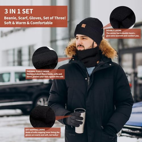 FISFET Mütze, Schal & Handschuh-Sets für Herren Damen, Strick Gefüttert Beanie Mütze Winter Touchscreen Handschuhe Schal Wärmer für Kaltes Wetter 3-in-1 Geschenkset für den Winter(Kohlen Schwarz)