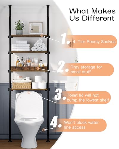 ALLZONE 4-Tier Over The Toilet Storage Shelf, Wood Bathroom Organizer Over Toilet Cabinet with Adjustable Shelf, Versatile Rack Fits Most Tight Space, Easy Assembly, 92" to 116" Height, Rustic Brown
