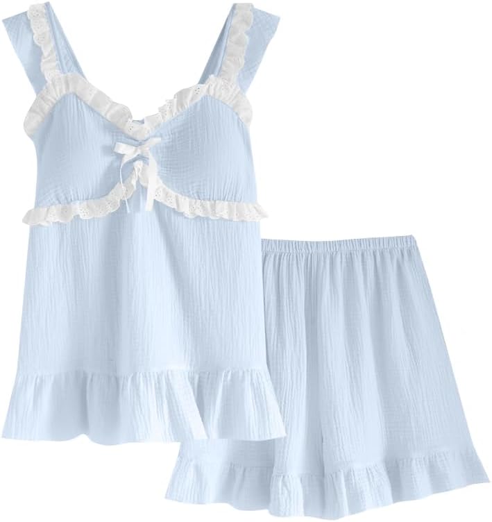 codcm Womens Built in Bra Pajamas Sets Cute Pj Set 2 Piece Cami Top and Ruffle Shorts Cotton Gauze Nightwear image 5