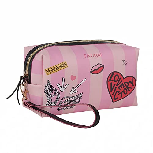 Trousse de maquillage en cuir avec motif de cœur et lèvres - Pour femme et fille - Rose Cover