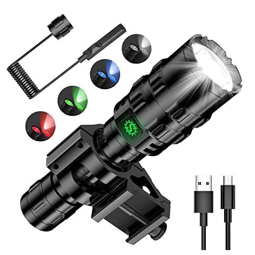 Oueand Tactical Flashlight, 1600LM Light for 984FT Beam Distance, IP65 Waterproof Level 5 Lighting Modes Picatinny Flashlight with Remote Pressure Switch, Red,White,Bule,Green Light for Hunting