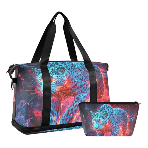 Turquoise Leopard Overnight Travel Duffel Bag Overnight Carry On Tote and Luggage with Toiletry Bag for Travel Large Capacity