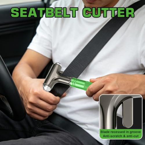 Image of Car Safety Hammer, Metal Window Breaker with Seat Belt Cutter, Emergecy Safety Hammer for Auto Accidents (Green)
