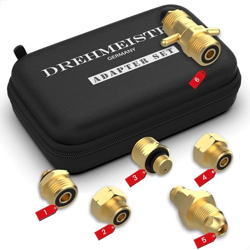 EUROPA SET PLUS Entnahme - 6-teiliges Gasflaschen Adapter Set - G.7 (POL) G.10 (POL-w-FL) M10x1 W 20 x 1/14 LH M14x1 5 W 21 8 x 1/14 LH - Dt. Druckregler und Schläuche an EU Gasflaschen