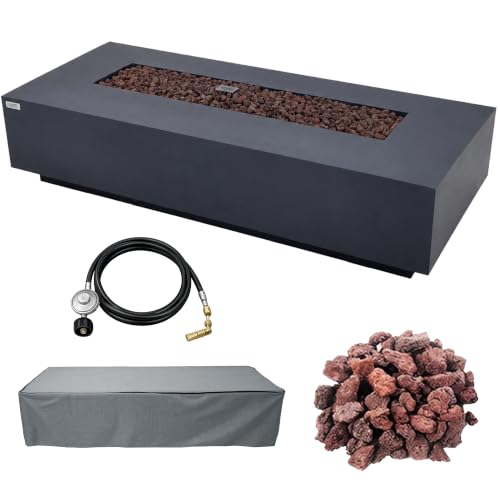 Image of AMS Creations | Savanah 72 inch Rectangular Cast Concrete Natural Gas Fire Pit Table | Dark Gray | Smooth Texture Surface | Electronic Ignition | Outdoor Patio Heater Outside Backyard Fireplace