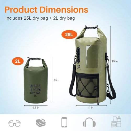 Image of Waterproof Dry Bag 500D PVC Roll Top Dry Sack with 3 Carrying Ways, Lightweight Waterproof Bag for Kayaking, Swimming, Boating, Paddle Boarding, Hiking, Beach (Army Green, 27L)