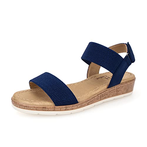 Image of VJH confort Women's Flat Sandals Open Toe Elastic Ankle Strap Slip on Comfy Low Wedge Sandals