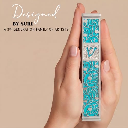 Image of SURI Mezuzah for Door with Scroll, 7 Inch Silver and Blue Mezuzah Case with Non Kosher Scroll Inside, Fits a up to 6 Inch Scroll, Includes Adhesive and Gift Box