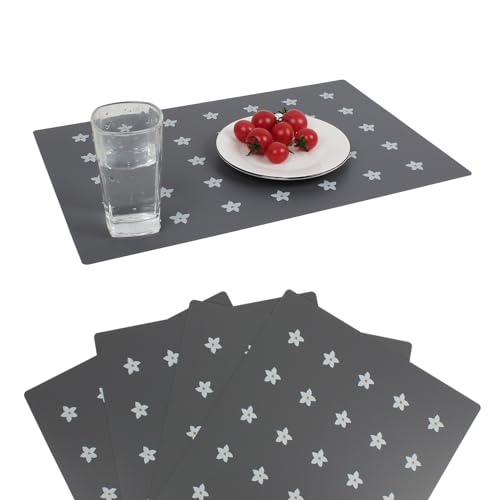 Jsenvpon Flowers Waterproof Plastic Farmhouse Grey Placemats Wipe Clean Washable Shivering Table Mats for Dining Table Heat Resistant Floral Place mats Set of 4 (4, Grey & Flowers)