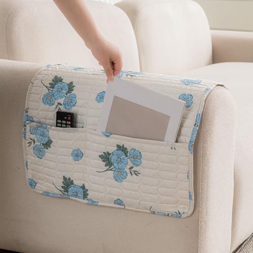 Image of HOMETHREADS Anti-Skid Sofa Protector Mat: Premium Printed Cotton Slipcover with Strong PVC Non-Slip Backing, (White Blue, 2Pc Armrest Mat | 50x75cm)