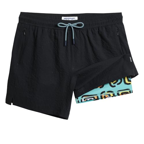 maamgic Mens Swim Trunks 5.5 inch Seersucker 2 in 1 Beach Shorts Quick Dry Bathing Suits with Compression Liner Black Green Circle Large