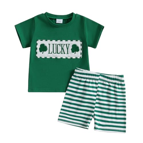 Bonangber Toddler St Patricks Day Outfit Boy Clover Lucky Short Sleeve T-shirt Stripe Shorts Set Cute Baby Boy Spring Clothes(B-Green Lucky,18-24 Months)