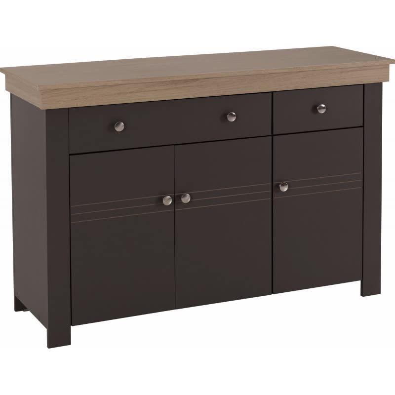 ACTUAL DIFFUSION Buffet Bas 3 Portes 2 Tiroirs Chêne et Gris Corniche L 122 P 81.3 P 39.7 cm