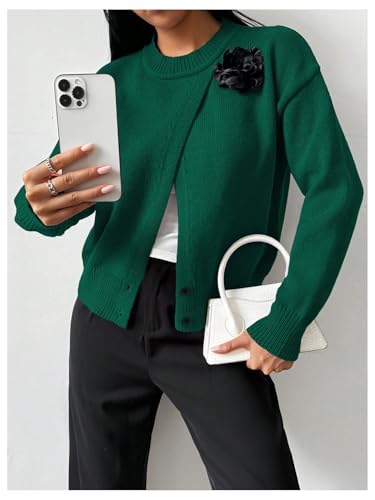 Image of MakeMeChic Women's Wrap Cardigan Sweater Flower Button Down Pullovers Tops Green Small