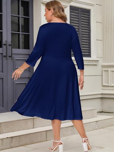 Image of Plus Size Dresses for Women A-Line V-Neck Swing Flowy 3 /4 Sleeve | 3 /4 sleeve,v neck,pockets,casual,cocktail,wedding,holiday,home,work,date party,vacation,outdoor