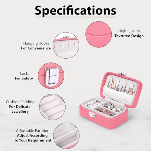 Image of BucketList PU Leather Jewellery Organizer Box with Ring Slots & Necklace Hooks | Compact Jewelry Storage Case with Secure Lock (Travel Jewellery Box Rectangular (Wine Red))