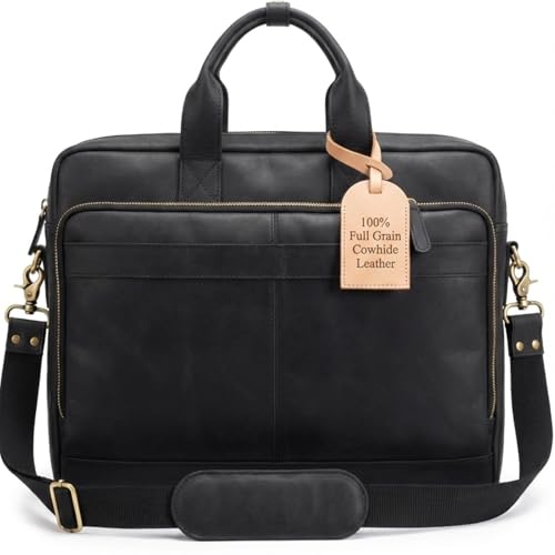 Black Leather Messenger Bag for Men, Genuine Leather Briefcase Fits 15.6 Inch Laptop, 16 Inch Work Satchel for Office, Business, and Travel Use by NomadCraftsCo. - Used condition - US$95.78