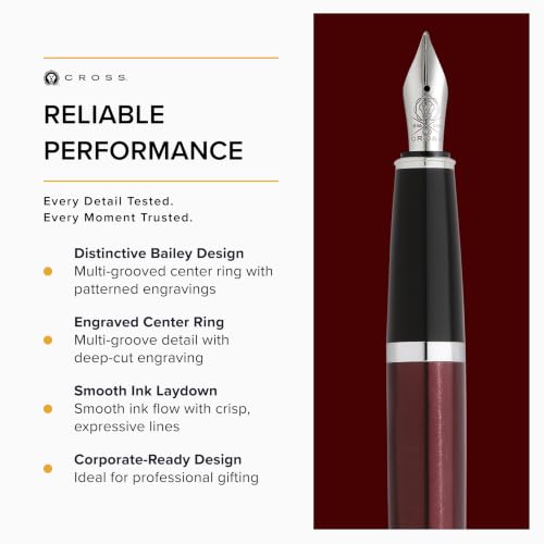 Image of Cross Bailey Red Refillable Fountain Pen - Medium Point, Black Ink, Smooth Writing, Presented in a Premium Gift Box