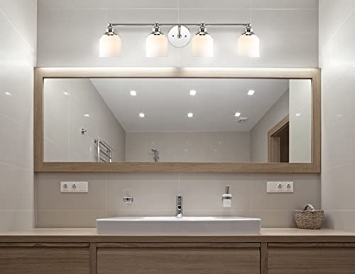 Image of JONATHAN Y 33.25 inch Chrome Modern Farmhouse LED Vanity Light Wall Sconce Fixture, Frosted White Glass Shade, Dimmable Wall Lamp for Bathroom Mirror Kitchen Sink, UL Listed (JYL7552A)