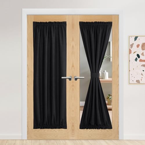NICETOWN Black Door Curtains, 100% Blackout Privacy French Window Curtains Panel, French Door Shade Thermal Insulated Window Covering for Living Room,