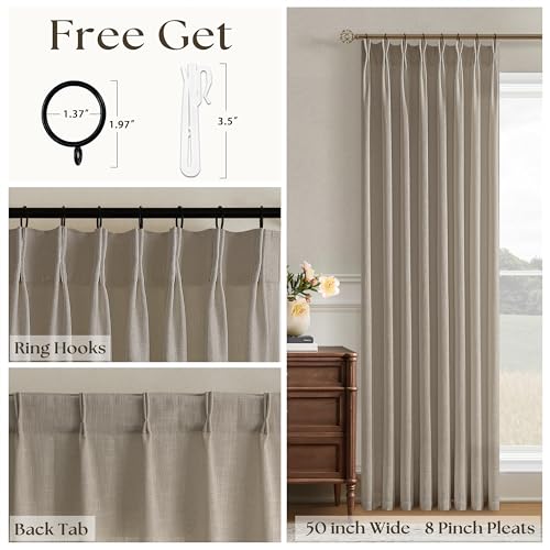 Image of 102 Inch Long Curtains Pinch Pleat Flax Linen Curtains Living Room Taupe | Bedroom, Light Filtering, Privacy, Neutral, Pleated Drapes, Hooks Rings, Back Tab, Grey Beige, Ceiling Window, Sliding Door