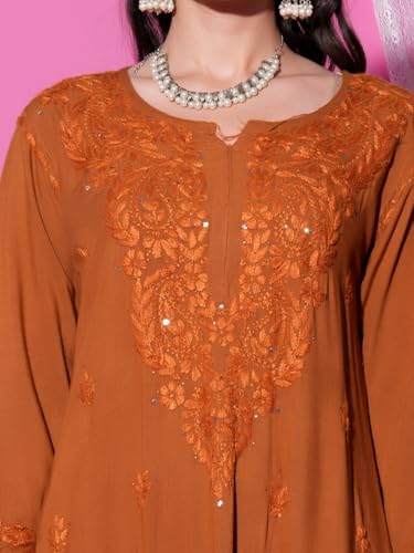 Image of Fashion Chikan Art Women's Lucknowi Premium Chanderi Silk Hand-Embroidered Chikankari Kurti & Palazzo Set | Elegant Festive & Casual Wear Ethnic Suit