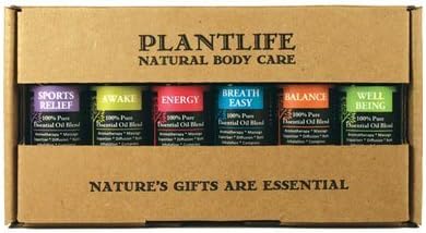 Plantlife Be Well Gift Set 6-Pack (Breathe Easy, Well Being, Sport Relief, Energy, Balance, and Awake) Aromatherapy Essential Oil Set - No Additives or Fillers - Made in California 10 ml