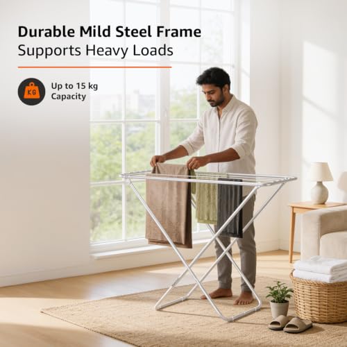 Image of amazon basics Mild Steel Cloth Drying Stand - Folding, 30 Feet Drying Length, 8 Drying Rails, Lightweight (Silver)