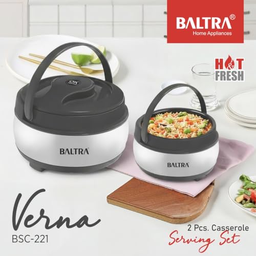 Image of BALTRA Inner Stainless Steel Casserole Set | Keeps Food hot & Fresh Chapati, Roti, Biryani and More | Serving Bowl with Lid | Hot Box for Kitchen | House Warming Gifts Set (Verna (1000ML, 1500ML))
