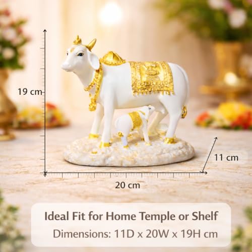 Image of ARMONIA Kamdhenu Cow with Calf Idol for Home Decoration | Dust Marble Finish Polyresin Gau Mata Statue | Vastu & Feng Shui Good Luck Showpiece for Living Room, Pooja Room | Wedding & Housewarming Gift