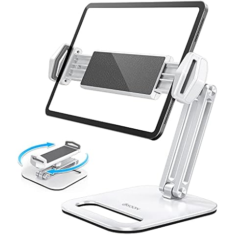 Tablet Stand Holder Adjustable, BSOON iPad Stand with Metal Base for Greater Stability Desktop Stand Holder Dock Compatible with iPad Pro, Air, Mini, Kindle, Nexus, Samsung Tab (4-13" Tablets) - White Cover