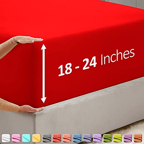 Image of Hearth & Harbor Extra Deep Pocket Full Fitted Sheet - Fits 18 to 24 Inch Mattress - Ultra Soft 1800 Microfiber, Wrinkle-Free & Breathable - Hotel Luxury Fitted Sheet Only, Red