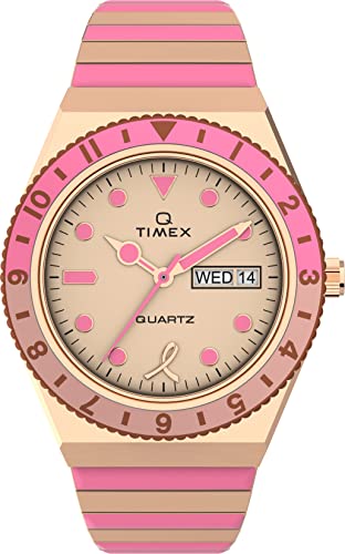 Timex Damen-Armbanduhr Q X BCRF 36 mm – zweifarbiges Erweiterungsband, rosa Zifferblatt, rotgoldenes Gehäuse, Pink/Gold, One Size, Timex X BCRF Q 3-Zeiger-Erweiterung für Armbanduhr, 36 mm