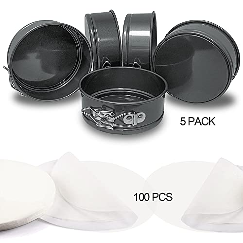 Awtbdp 4.5-Inch Springform Cake Pan Set - Pack Of 5 With 100 Pcs Parchment Paper, Nonstick Round Baking Pans With Removable Bottom, Cake Pans For Mini Cheesecakes, Pizzas And Quiches #TOP2