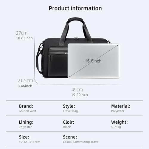Image of Golden Wolf Duffle Bag with Shoe Compartment | 28L Sports Travel Bag | Water Resistant Polyester | 5 Compartments | Detachable Padded Shoulder Strap | Gym, Travel & Weekend Trips, Black