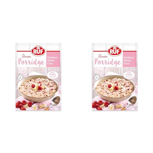 RUF Porridge Himbeer White Choc, fruchtiges, gesundes Frühstück mit gefriergetrockneten Himbeerstückchen, im praktischen Portionsbeutel, 1 x 65g Beutel (Packung mit 2)