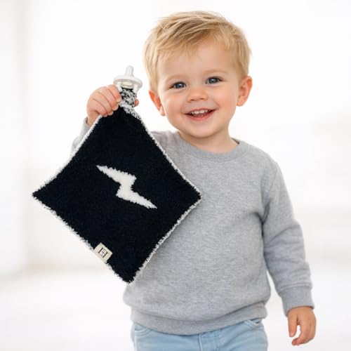 Image of L+L USA Lightning Bolt Baby Lovey Pacifier /Teether Holder 10 inchx10 inch - DreamSoft Plush Fluffy Cuddly Soothie Reversible Mini Comfort Blanket - Newborn Gift Essential Babies Boys and Girls (Black /White)