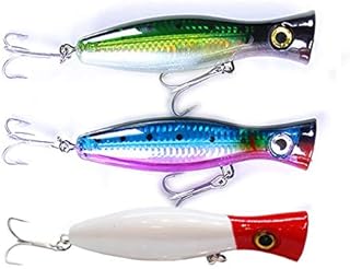 Pack of 3 Large Top Water Poppers 4.75 in/ 1.5 Oz Artificial Seal Lure 3D Eyes with Hooks and Ring for Saltwater Offshore, Surf Fishing Striped Bass, Bluefish (Green/Blue/Red Head)