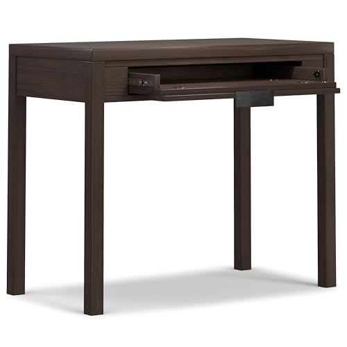 SIMPLIHOME Hollander Small Desk - 38-Inch Wide Solid Wood Writing Desk in Warm Walnut Brown, Contemporary Home Office Computer Table for Study or Compact Space with Flip-Down Keyboard Tray