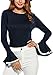 Qearal Women’s Long Bell Sleeve Blouse Loose Trumpet T-Shirt Casual Solid Flare Tops (XXL=US 12, Blue)