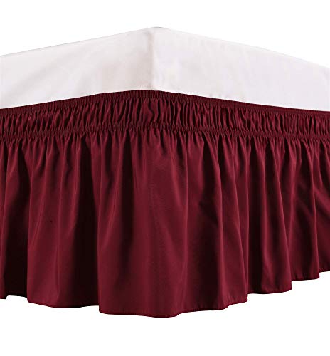 Wrap Around Bed Skirts Elastic Dust Ruffles, Easy Fit Wrinkle and Fade Resistant Silky Microfiber Fabric Solid Color Bedskirt, 12 Inch Tailored Drop Burgundy for Twin Size Bed Skirt